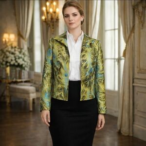 3 Sisters Jacket green Peacock print Women's Open cropped blazer Reg $289  sz xs